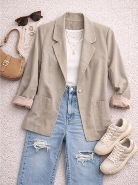 Women's Beige Casual Blazer Jacket - Classic Tailored Coat